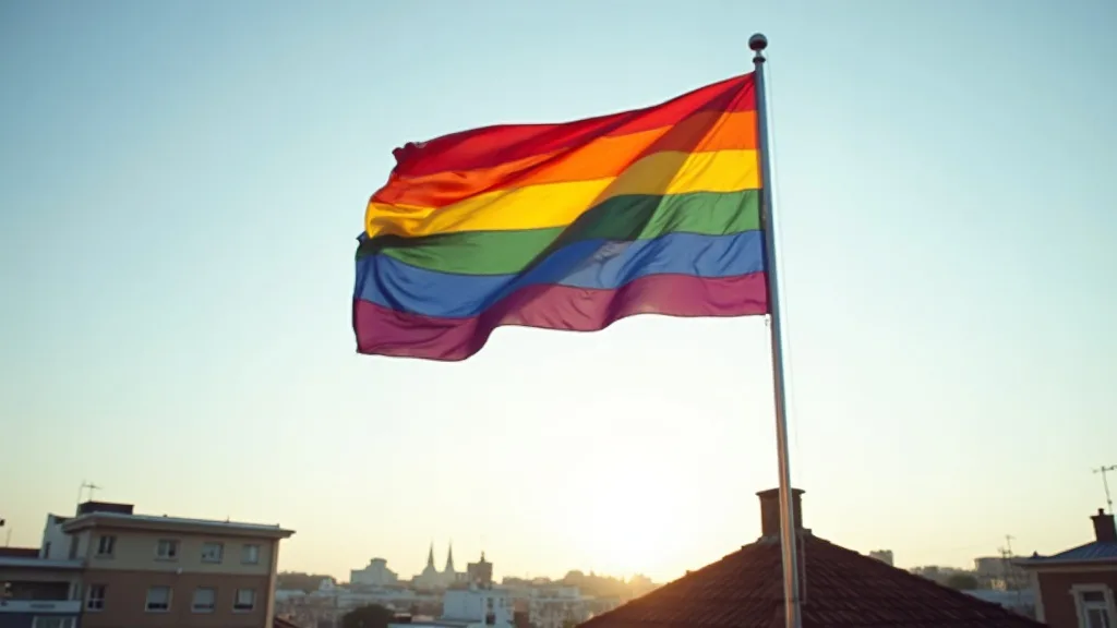 grand drapeau arc-en-ciel flottant sur un toit dans le ciel matinal