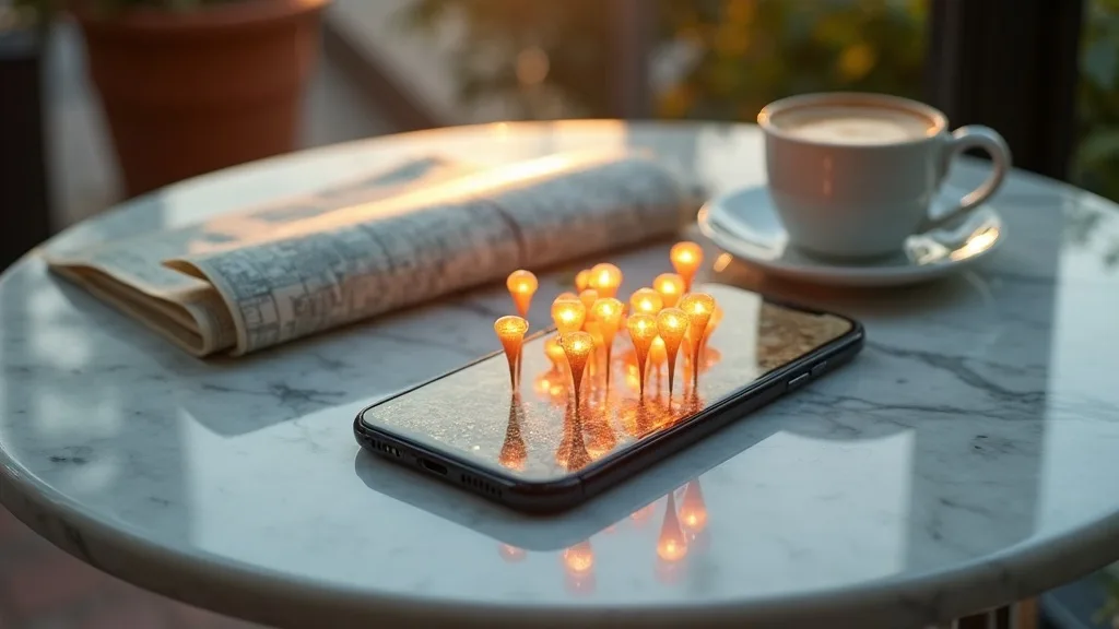 smartphone aux épingles de carte sur une table de café ensoleillée