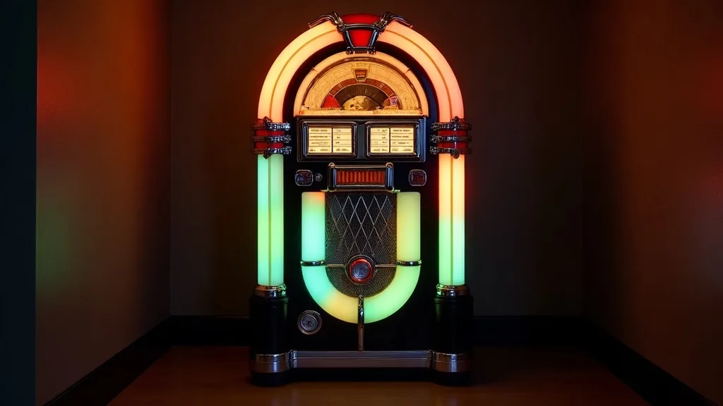 juke-box vintage à arc chromé, panneaux colorés dans un coin tamisé
