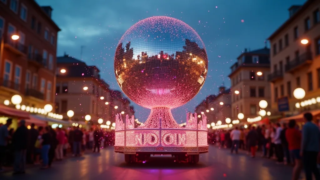 boule a facettes geante sur un char de parade au crepuscule