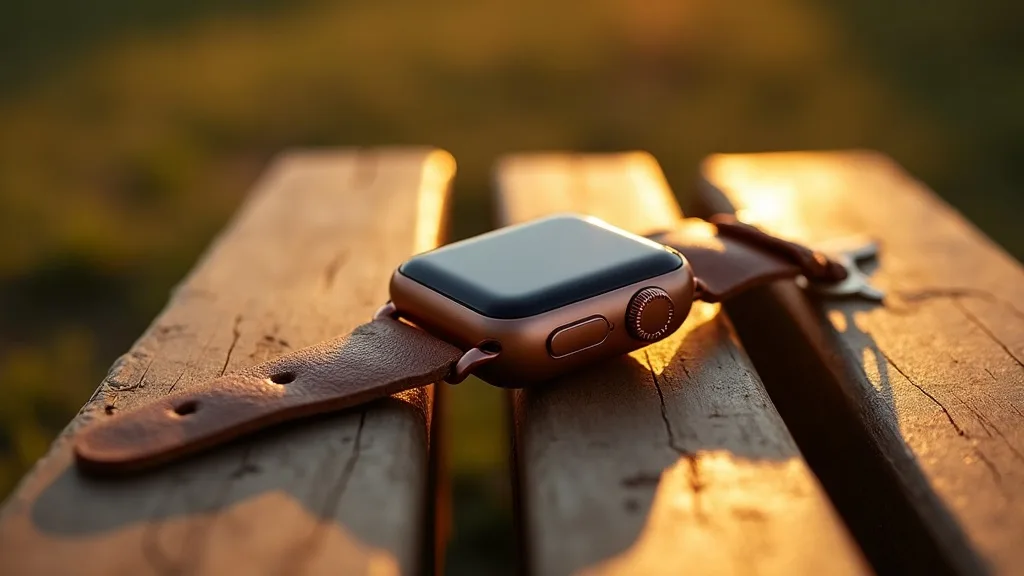 montre connectée or rose et porte-clés laiton sur bois au soleil