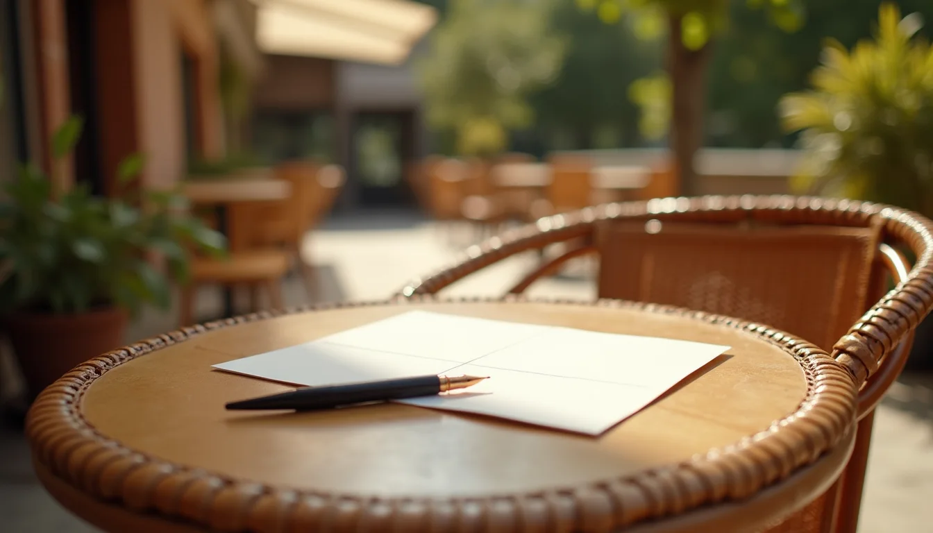 carte postale vierge et stylo plume sur une chaise bistrot en terrasse