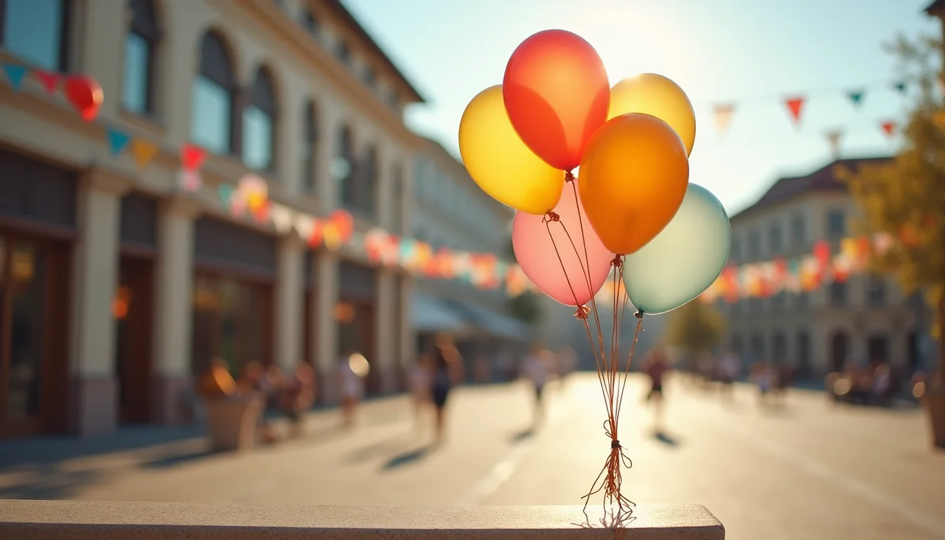 ballons et guirlande de papier sur une barrière de fête ensoleillée