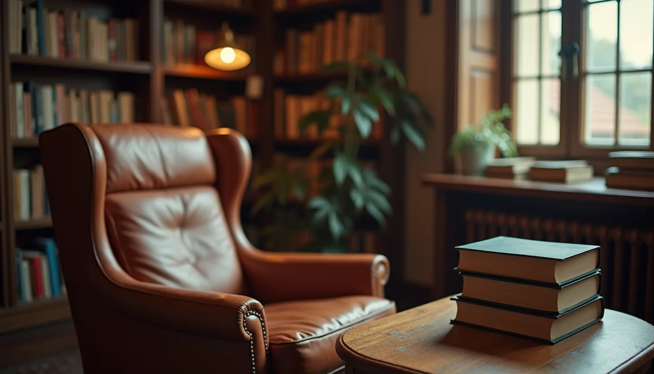 coin lecture de bibliothèque, fauteuil en cuir et pile de livres