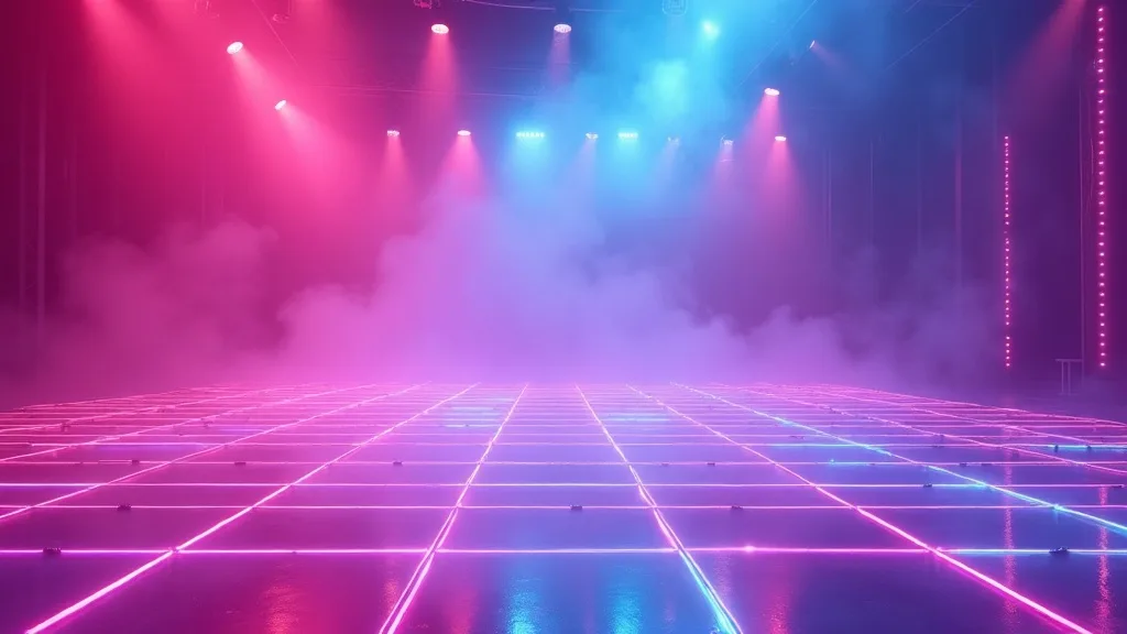 piste de danse au néon, carrés réfléchissants magenta et cyan